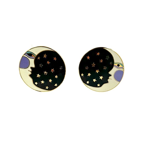 Laurel Burch Moon Face Enamel Earrings Vintage Retired - Picture 5 of 6